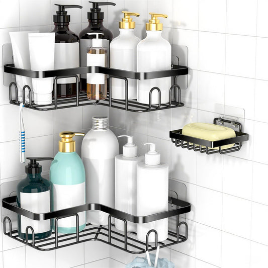 MOFOROCO 3-Pack Shower Caddy Corner Basket Shelf with Soap Holder, No Drilling Traceless Adhesive Shower Wall Shelves, Black Bathroom Shower Storage Organizer（ For 90-degree Right-angle Walls） 🍁 All In One Marketplace Canada