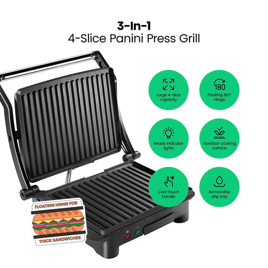 Chefman Panini Press Grill and Gourmet Sandwich Maker, Non-Stick Coated Plates, Opens 180 Degrees to Fit Any Type or Size of Food, Stainless Steel Surface and Removable Drip Tray - 4 Slice 🍁 All In One Marketplace Canada