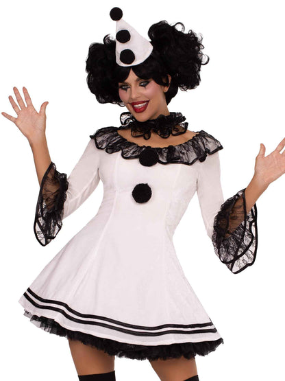 Leg Avenue Women's 3 Pc Pierrot Clown Halloween Costume, White/Black, Medium/Large
