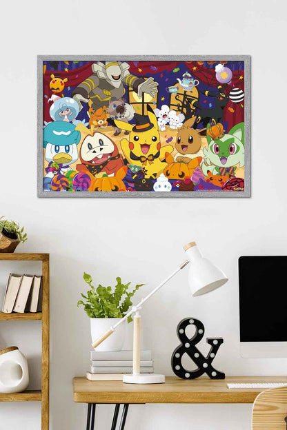 Pokémon: Halloween Party- Group Wall Poster, 34L" x 22.4W", Gray Framed Version