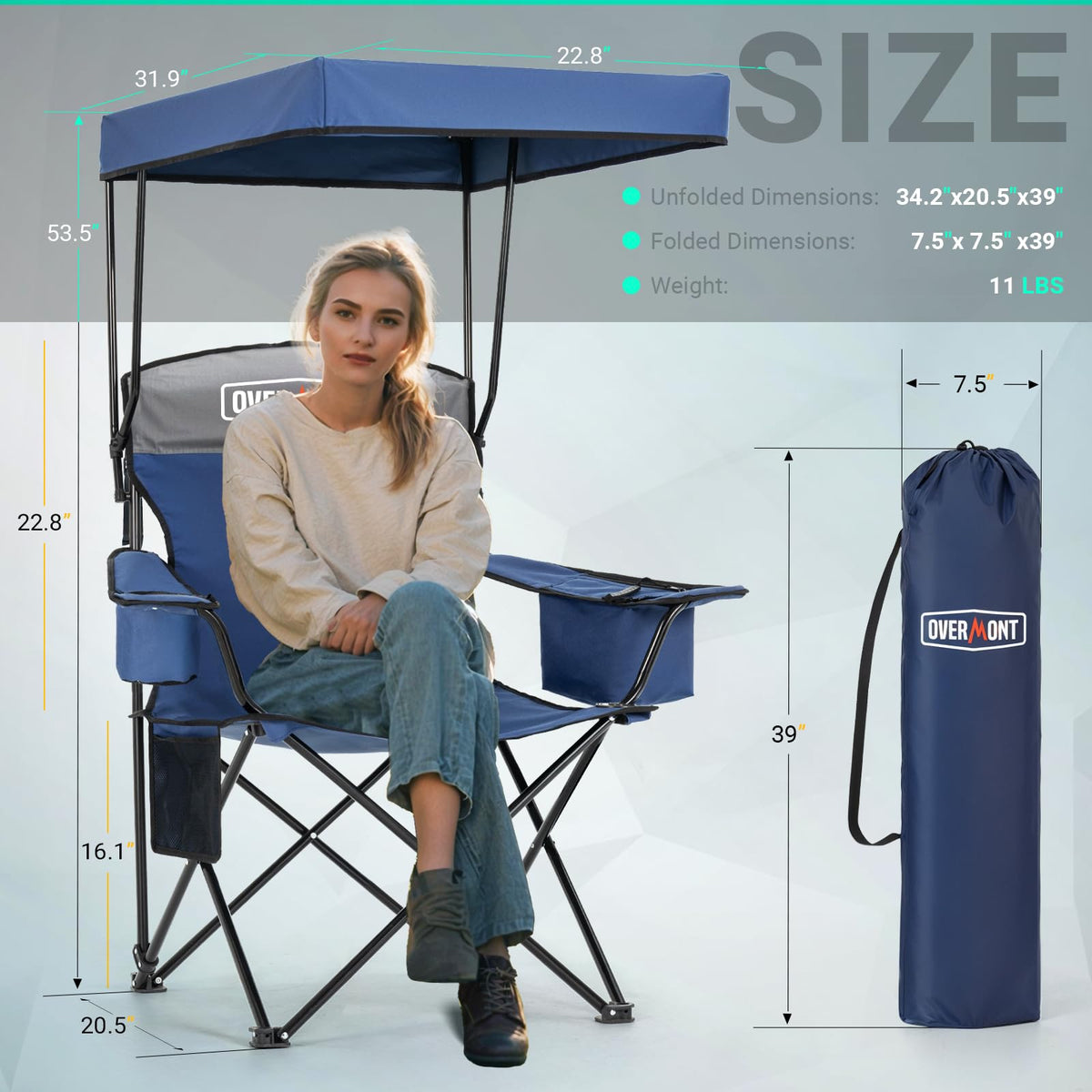 Overmont Beach Chair with Canopy Shade and Cooler - Support 330lbs Oversized Folding Camping Chair with Umbrella- Cup Holder - Cool Bag - Lounge Chair for Sand Travel Outdoor Pool Sports Blue 2pcs 🍁 All In One Marketplace Canada