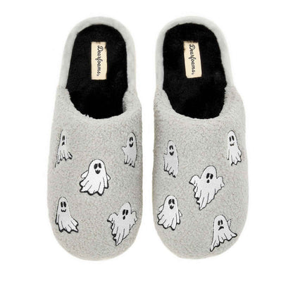 Dearfoams Unisex-Adult Spooky Fuzzy Halloween Pumpkin Jack O Lantern Slipper, Grey Ghost, 7-8 Women/5-6 Men