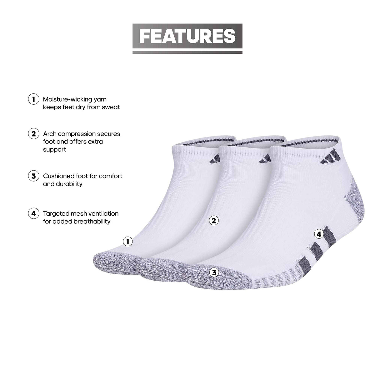 adidas Men's Cushioned 3-Pack Low-Cut Socks, White/Grey/Black, Large 🍁 All In One Marketplace Canada