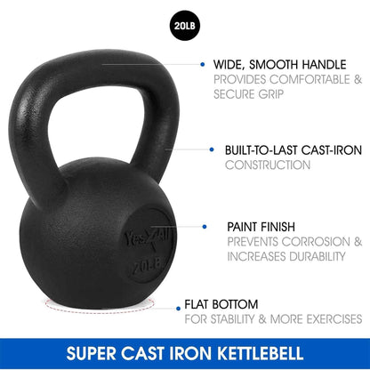 Yes4All Solid Cast Iron Kettlebell Weights Set – Great for Full Body Workout and Strength Training – Kettlebell 20 lbs (Black) 🍁 All In One Marketplace Canada
