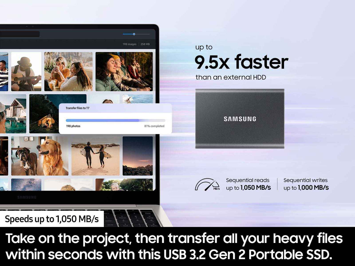 SAMSUNG T7 1TB, Portable SSD, Grey, up to 1050MB/s, USB 3.2 Gen2, Gaming, Students & Professionals, External Solid State Drive (MU-PC1T0T/AM) [Canada Version] 🍁 All In One Marketplace Canada