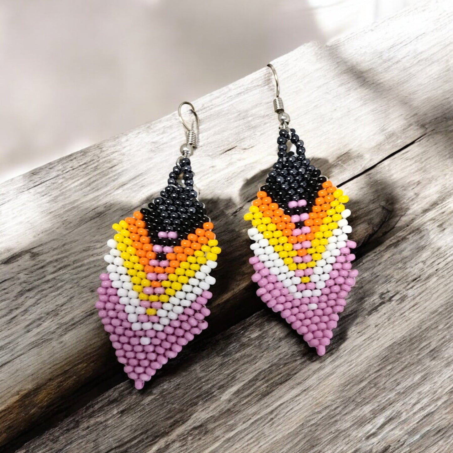 OldTribes™ pink and black Beaded Feather Drop Earrings