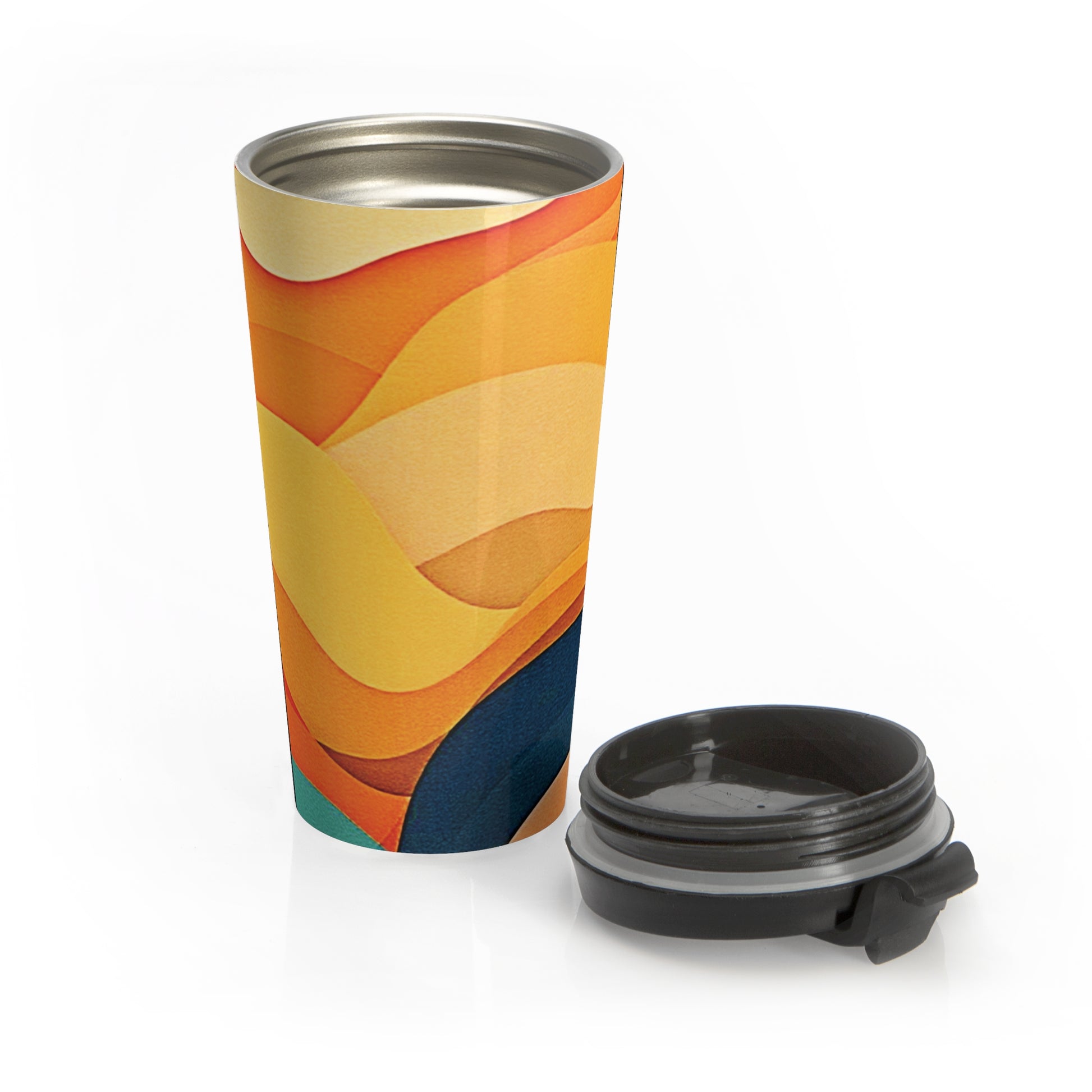 Sunset Waves Stainless Steel Travel Mug — Abstract Retro Orange & Yellow Design - AURABAGS SHOP