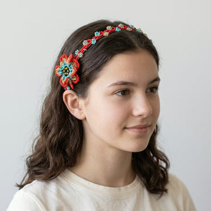 Beaded Headband with Flower Red