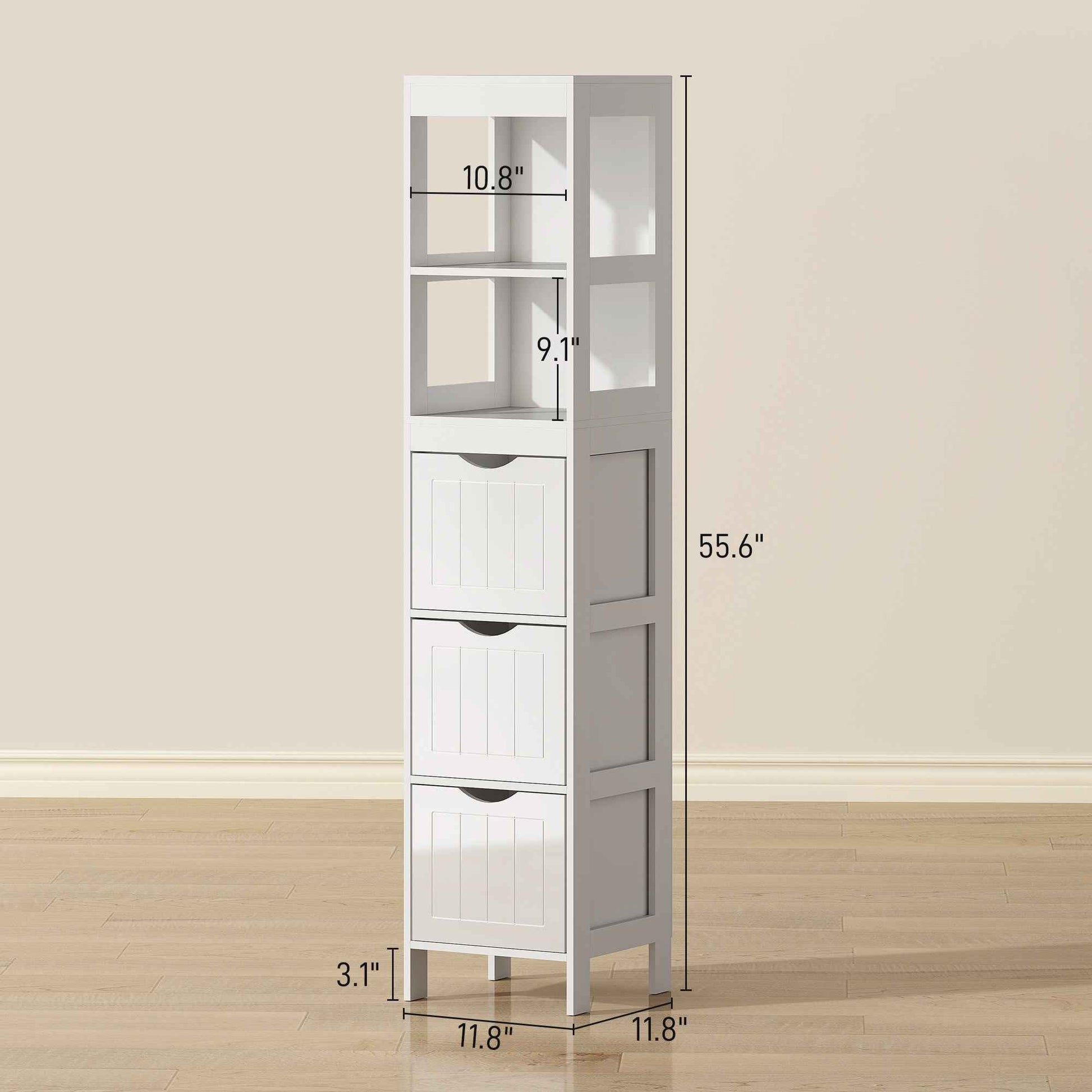 Narrow Bathroom Storage Cabinet, Bathroom Cabinet with 3 Drawers & 2 Open Shelves, Slim Bathroom Floor Cabinet, White