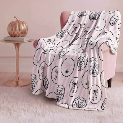 Juicy Couture Spider Stripe Halloween Plush Throw Blanket, Soft Polyester Decorative Throw for Sofa or Bed, Light Pink, 50"x60"