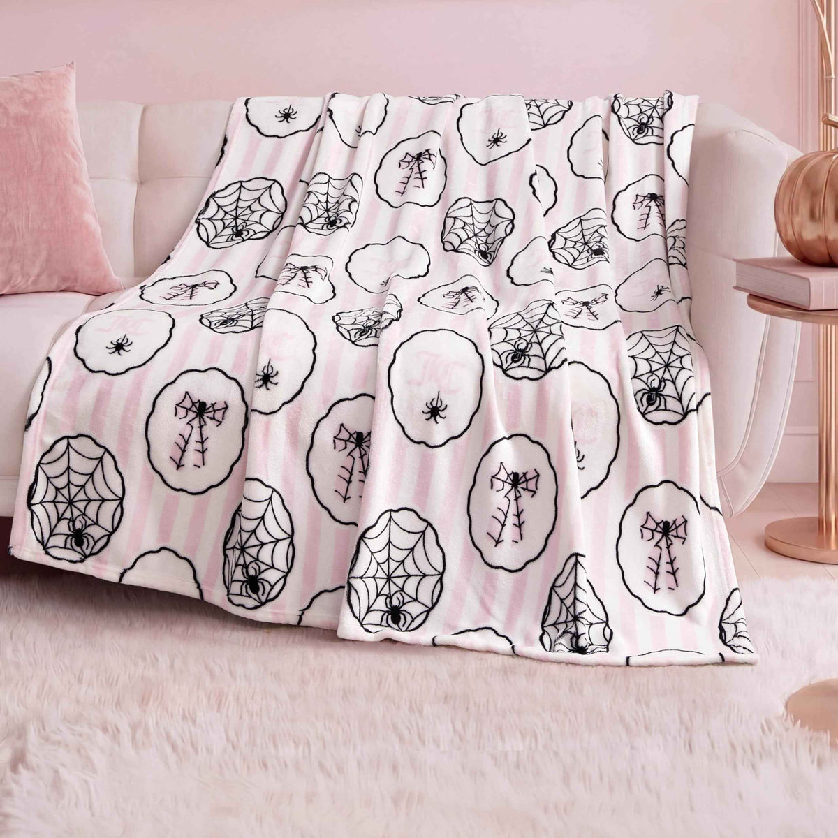Juicy Couture Spider Stripe Halloween Plush Throw Blanket, Soft Polyester Decorative Throw for Sofa or Bed, Light Pink, 50"x60"