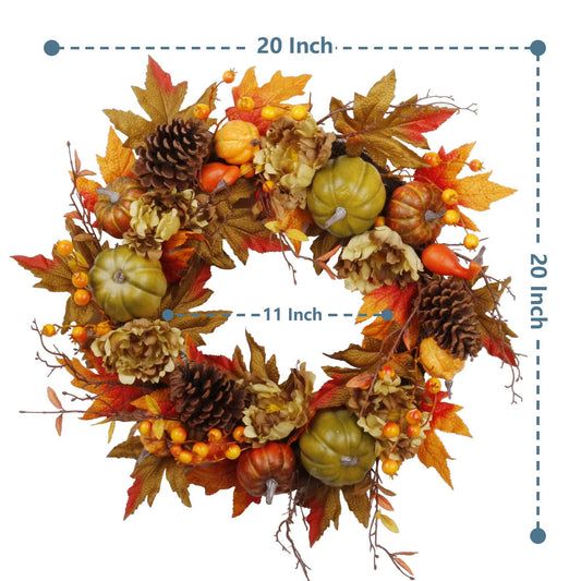 SOFTFLAME 20" Fall Wreath for Front Door, Autumn Artificial Wreath with Pumpkin, Pine Cone, Maple Leaves, Berries, Gift Ideal for Halloween Thanksgiving Home Decoration