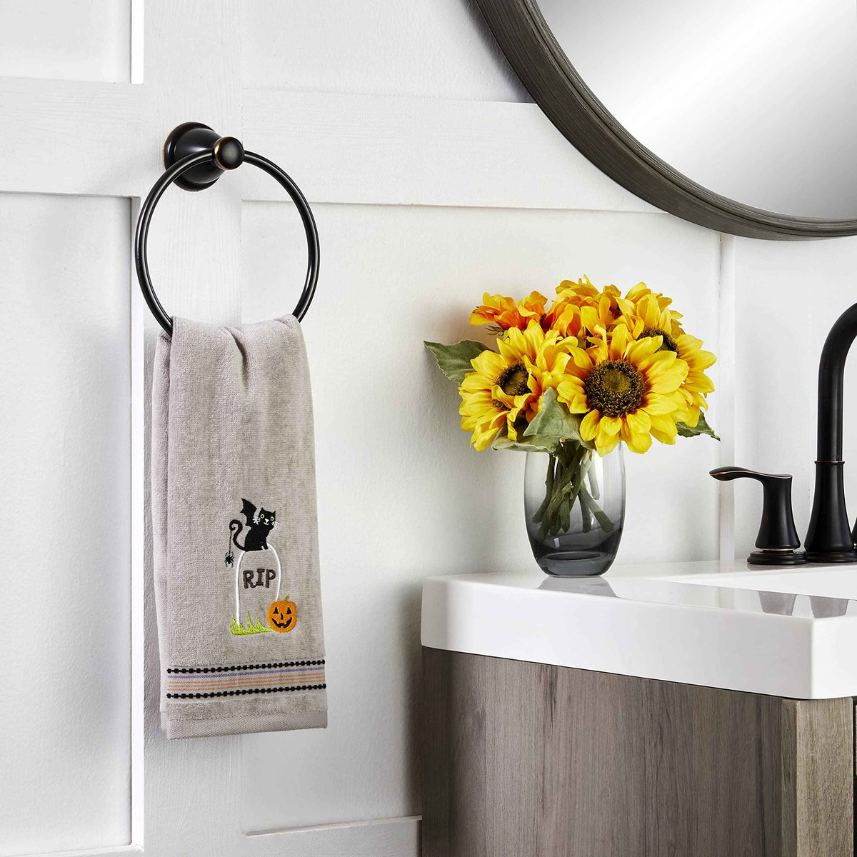 SKL Home Halloween Graveyard Cat Hand Towel 2pc Set for Bath/Kitchen/Bar & Gift, Gray