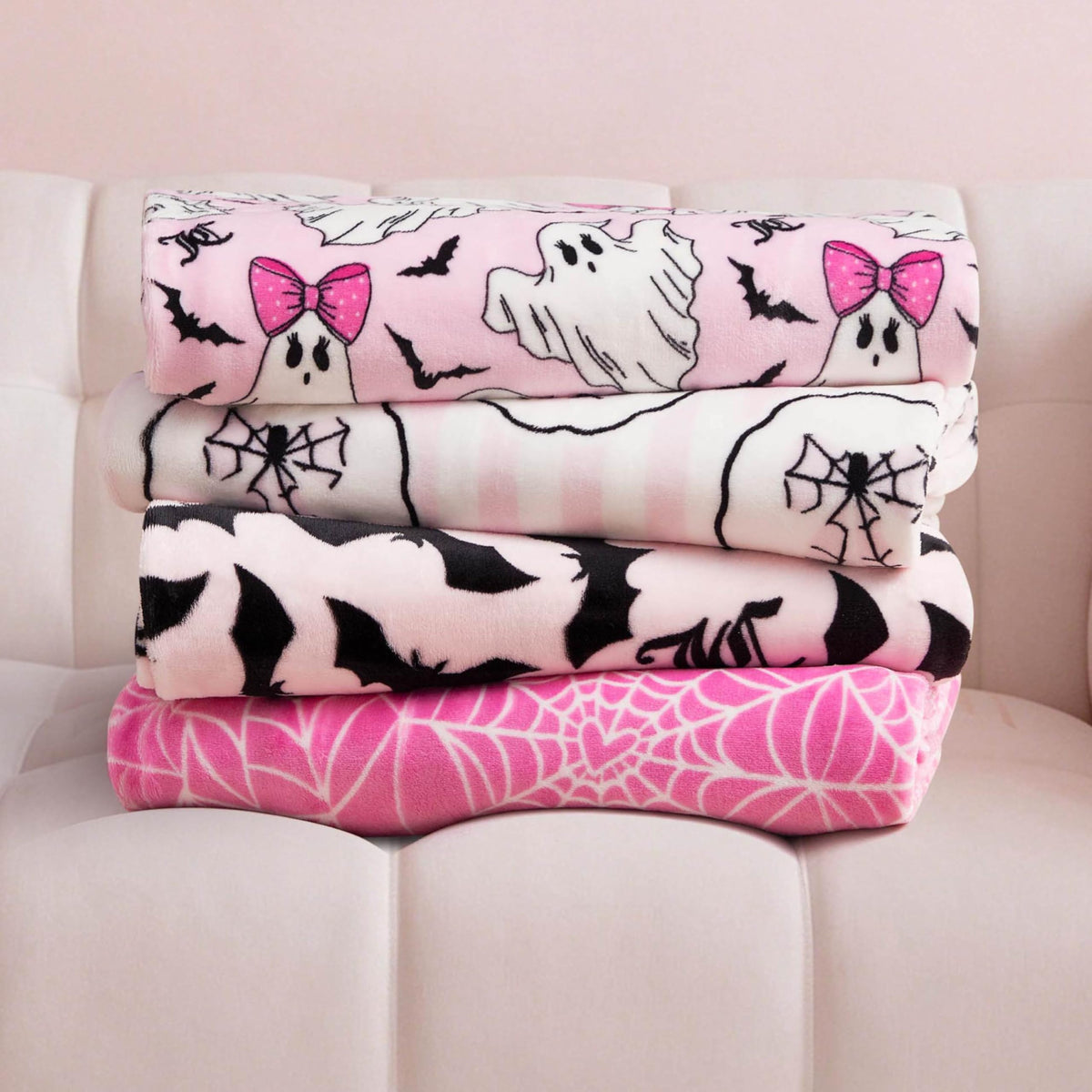 Juicy Couture Spider Stripe Halloween Plush Throw Blanket, Soft Polyester Decorative Throw for Sofa or Bed, Light Pink, 50"x60"