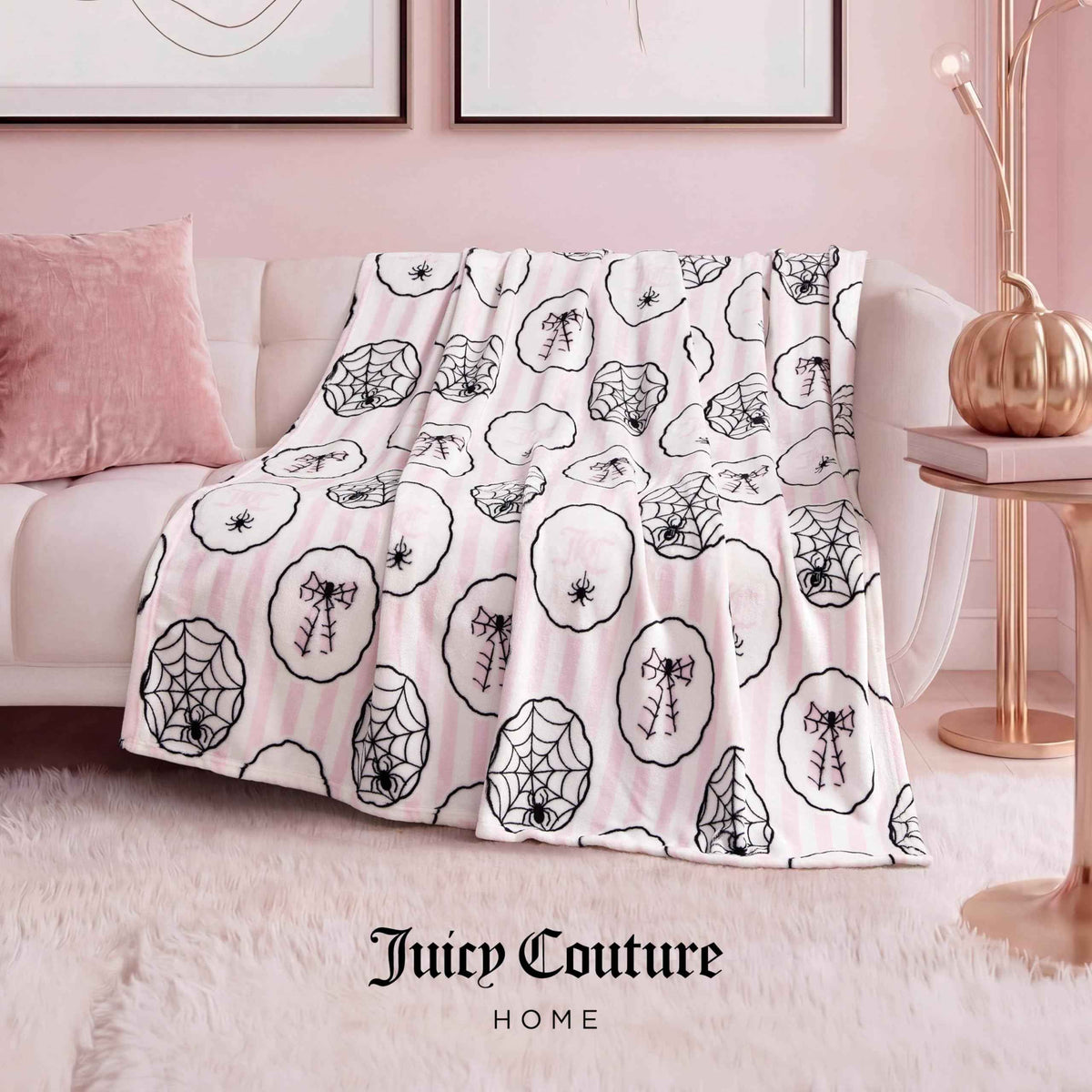 Juicy Couture Spider Stripe Halloween Plush Throw Blanket, Soft Polyester Decorative Throw for Sofa or Bed, Light Pink, 50"x60"