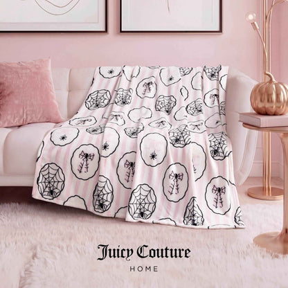 Juicy Couture Spider Stripe Halloween Plush Throw Blanket, Soft Polyester Decorative Throw for Sofa or Bed, Light Pink, 50"x60"