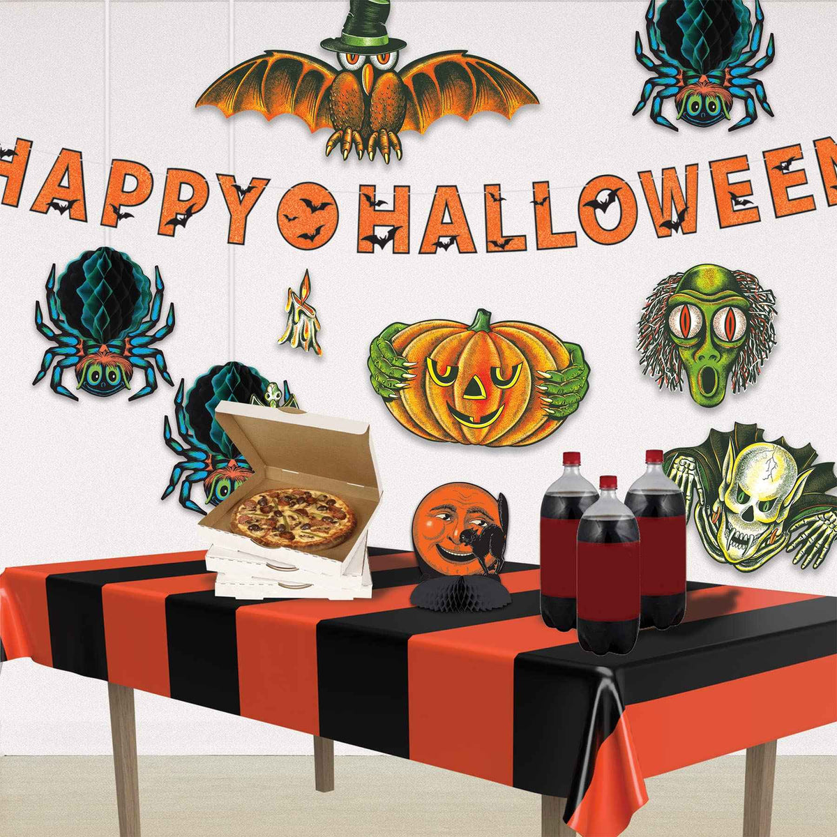 Beistle Orange & Black Stripes Tablecovers, 54” x 108”, Plastic Table Cloth, Rectangular Tablecloth, Holiday Tablecloth, Halloween Plastic Tablecloth, Halloween Decorations, Orange/Black, 2 Pieces
