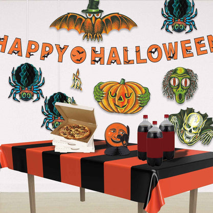 Beistle Orange & Black Stripes Tablecovers, 54” x 108”, Plastic Table Cloth, Rectangular Tablecloth, Holiday Tablecloth, Halloween Plastic Tablecloth, Halloween Decorations, Orange/Black, 2 Pieces