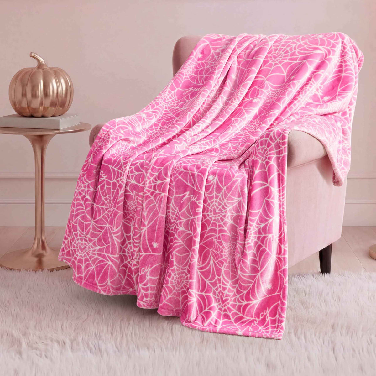 Juicy Couture Heart Spider Webs Halloween Plush Throw Blanket, Soft Polyester Decorative Throw for Sofa or Bed, Hot Pink, 50"x60"