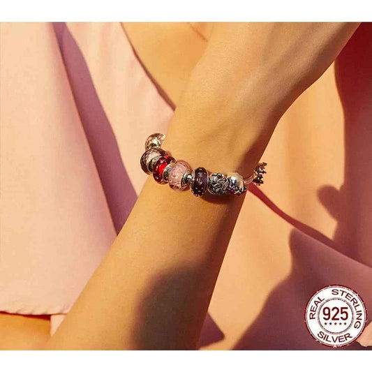 925 Sterling Silver Pink Flower Murano Glass Beads - Diy Bracelet Charms For A Festive Touch (Scz001)