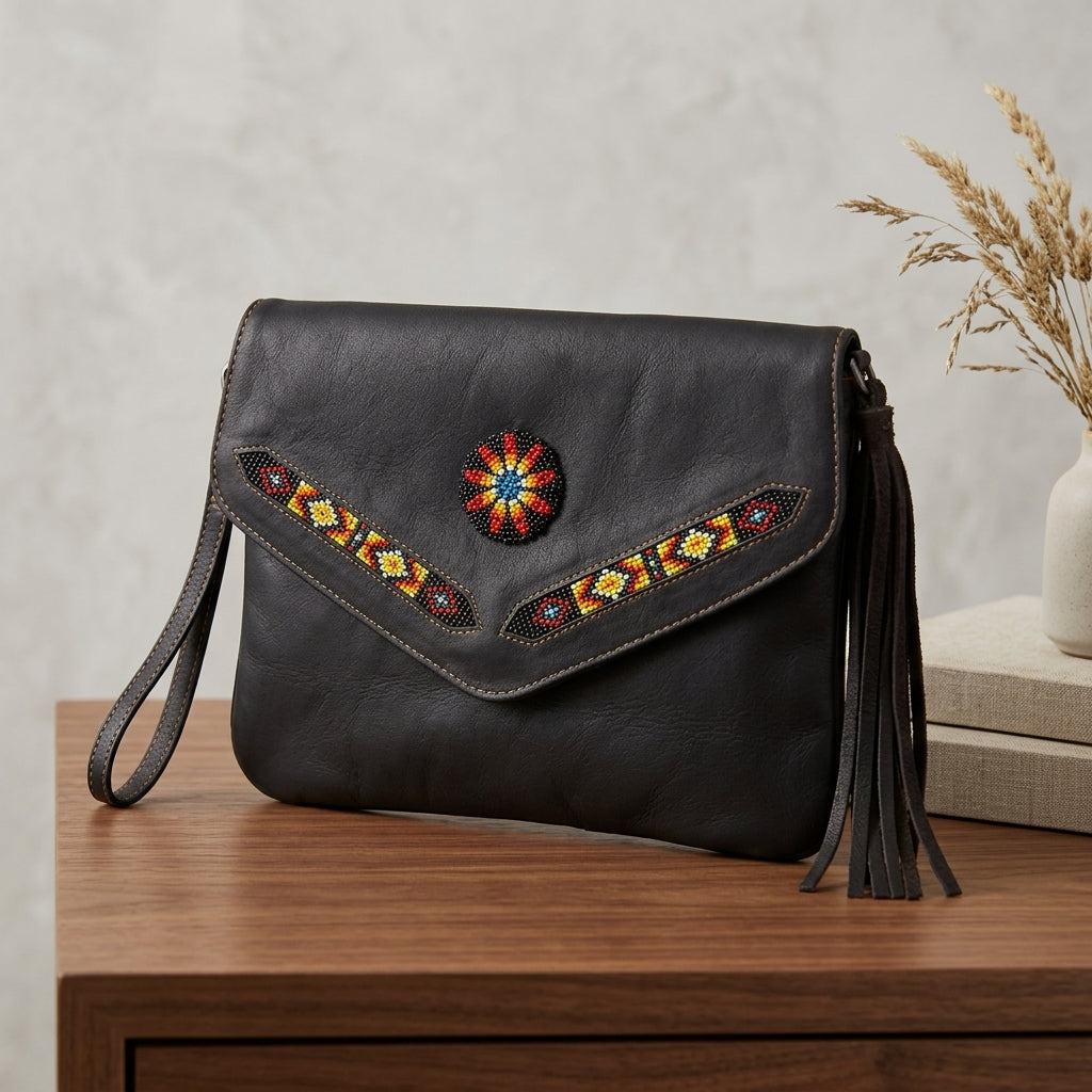 Leather beaded Crossbody bag(Chocolate Brown)