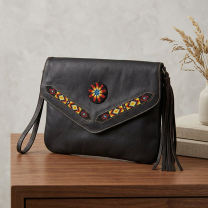 Leather beaded Crossbody bag(Chocolate Brown)
