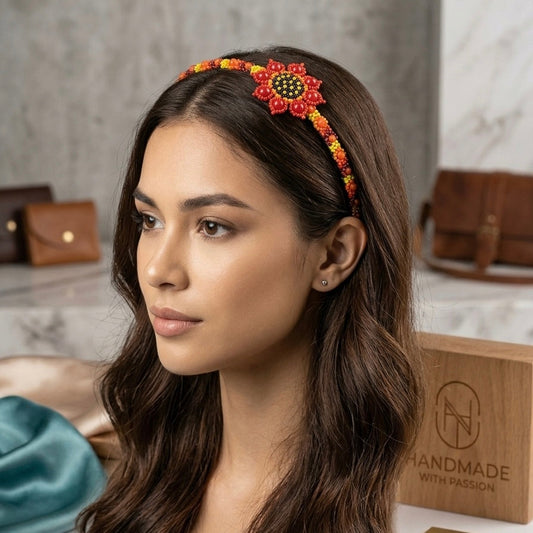 Beaded Headband with Flower Red