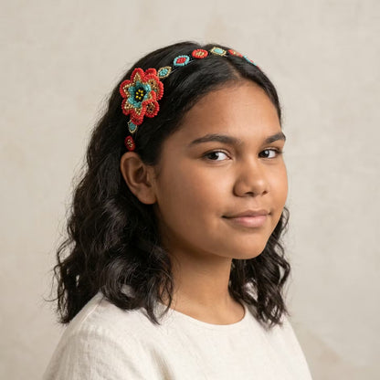 Beaded Headband with Flower Red