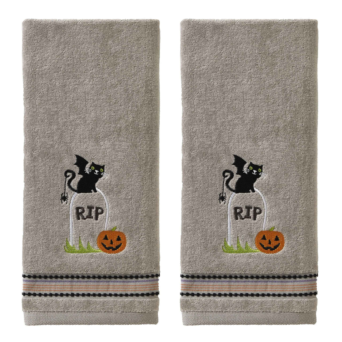 SKL Home Halloween Graveyard Cat Hand Towel 2pc Set for Bath/Kitchen/Bar & Gift, Gray