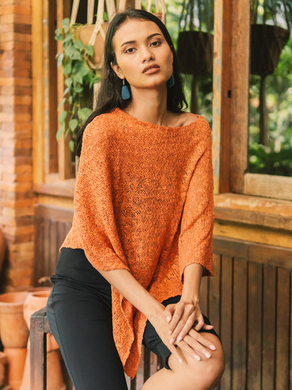 Double Knit Popcorn Poncho - Orange