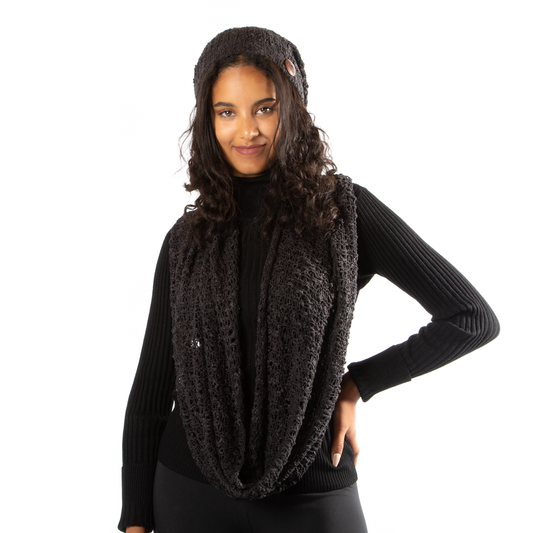 Black Popcorn Knit Hat With Button