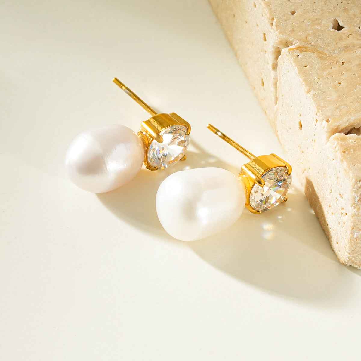 AISHANA Gold: Freshwater Pearl & Solitaire Zirconia Stud Earrings