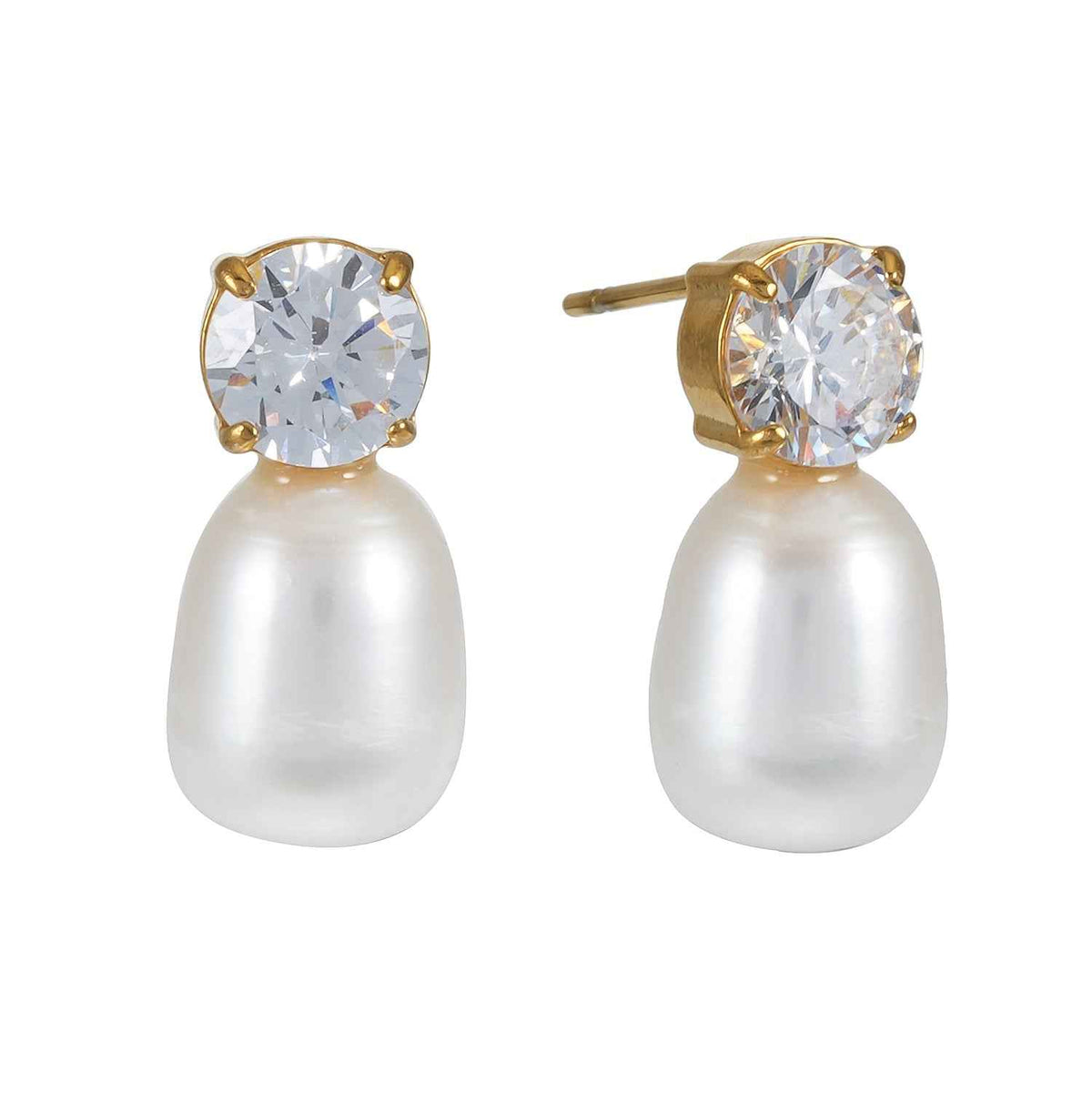 AISHANA Gold: Freshwater Pearl & Solitaire Zirconia Stud Earrings