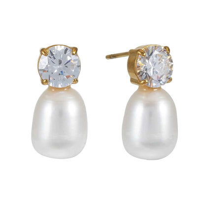 AISHANA Gold: Freshwater Pearl & Solitaire Zirconia Stud Earrings
