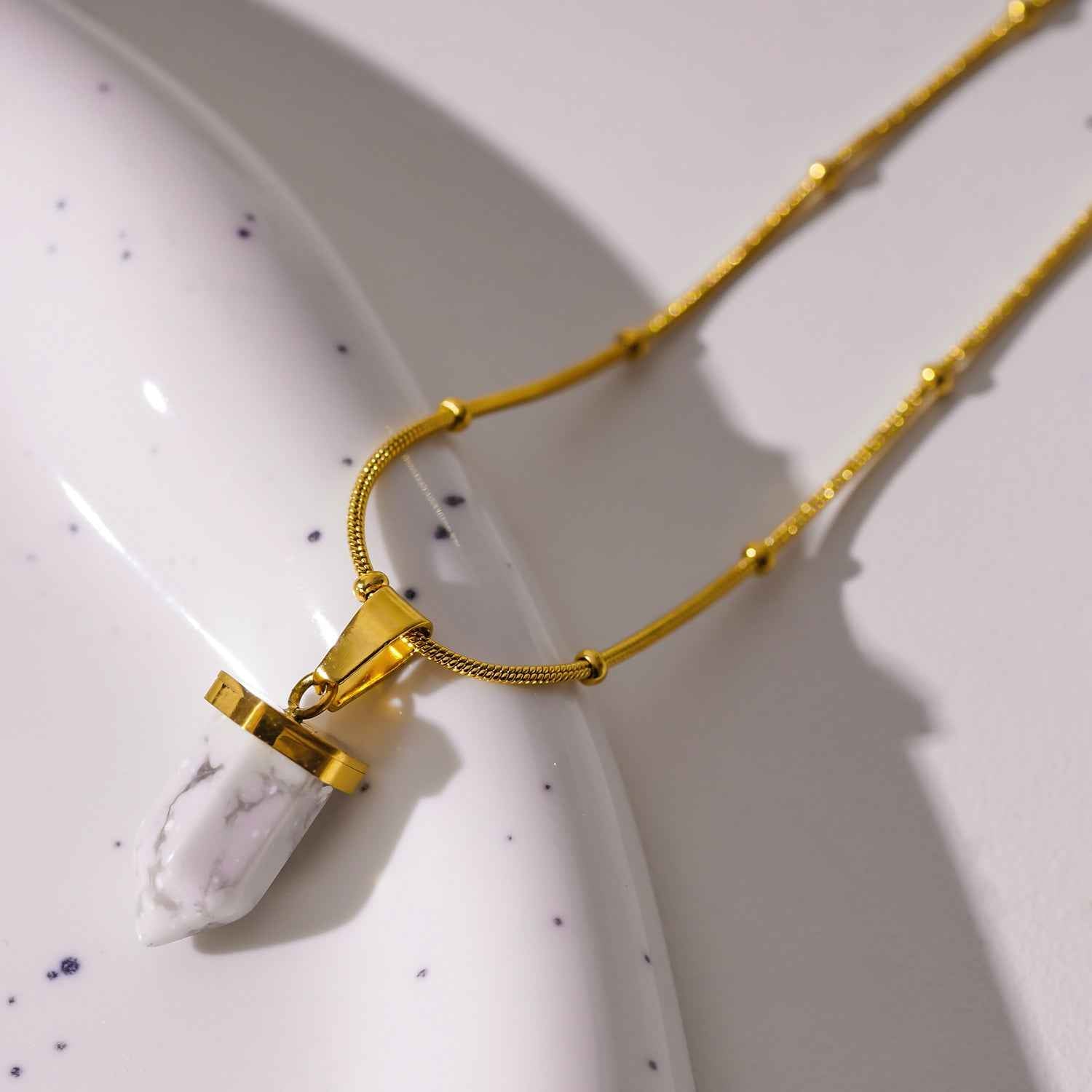 AMELIE: White Turquoise Stone Pendant Anchored on a Beaded Snake Skin Textured Chain Necklace