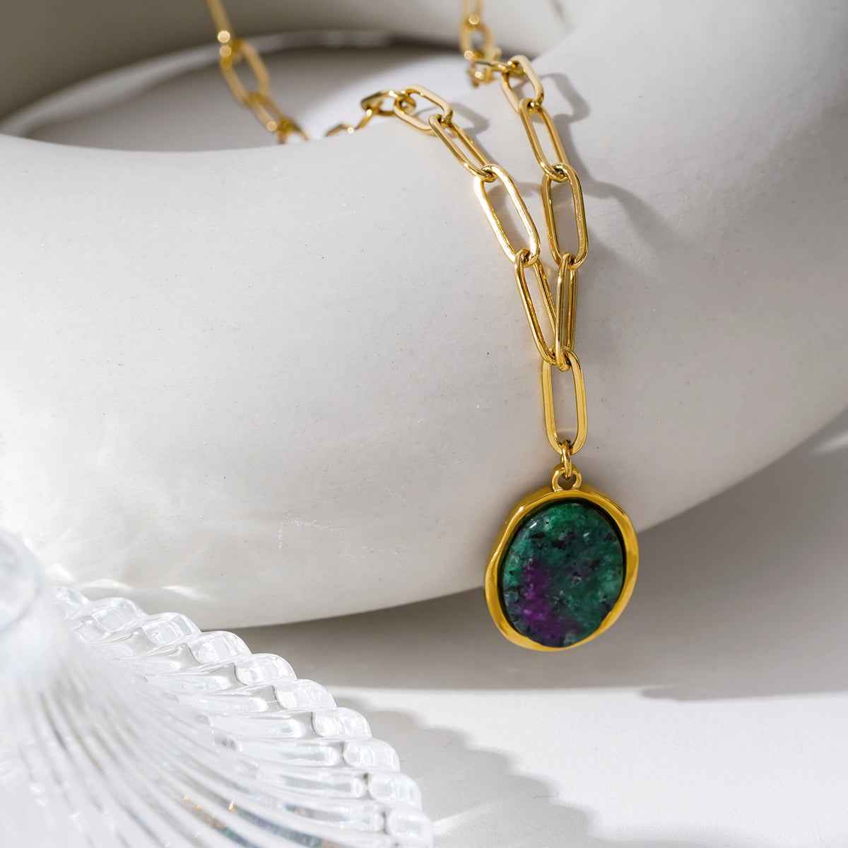 ASAMI: Contemporary Paperclip Chain anchoring a Ruby Zoisite Oval Pendant