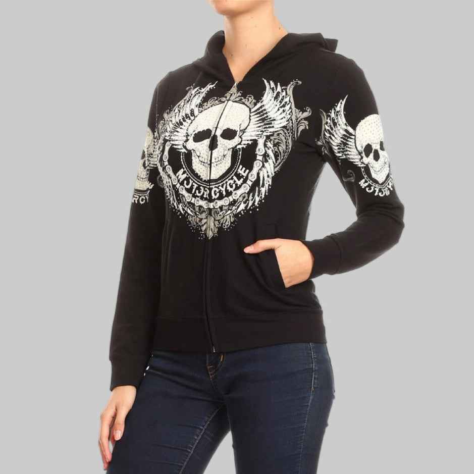 Women's Motorcycle Zip Up Hoodie with Rhinestone Skull & Wings