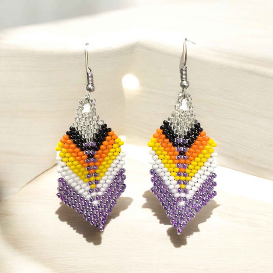 OldTribes™ purple and silver Beaded Feather Drop Earrings