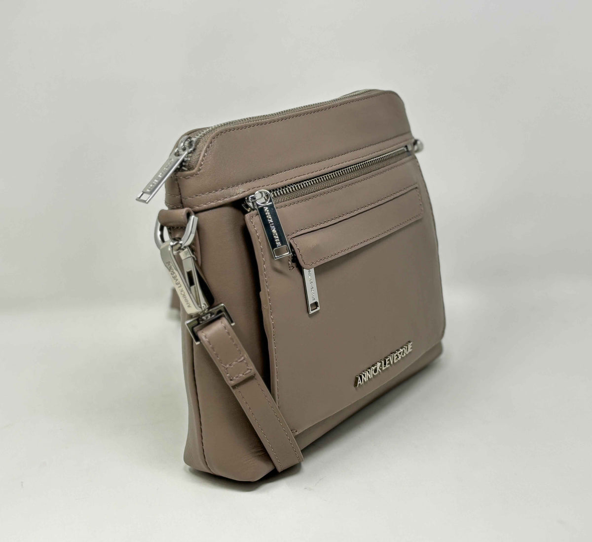 Petit Sac à Bandoulière en Cuir Taupe, Brigitte