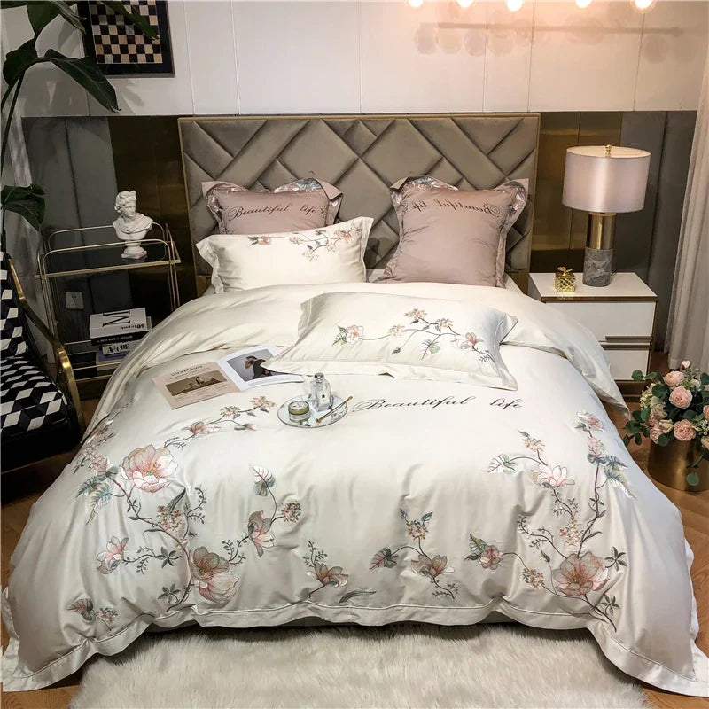 Belle Maison Embroidered Egyptian Cotton 1000 TC Duvet Set - Ivory