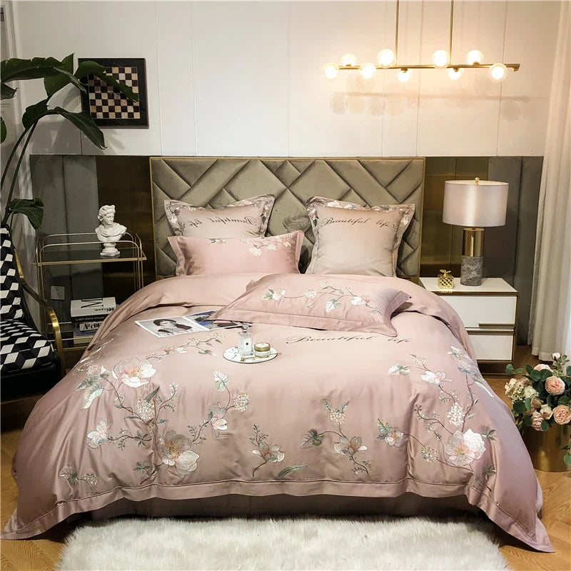 Belle Maison Embroidered Egyptian Cotton 1000 TC Duvet Set - Blush