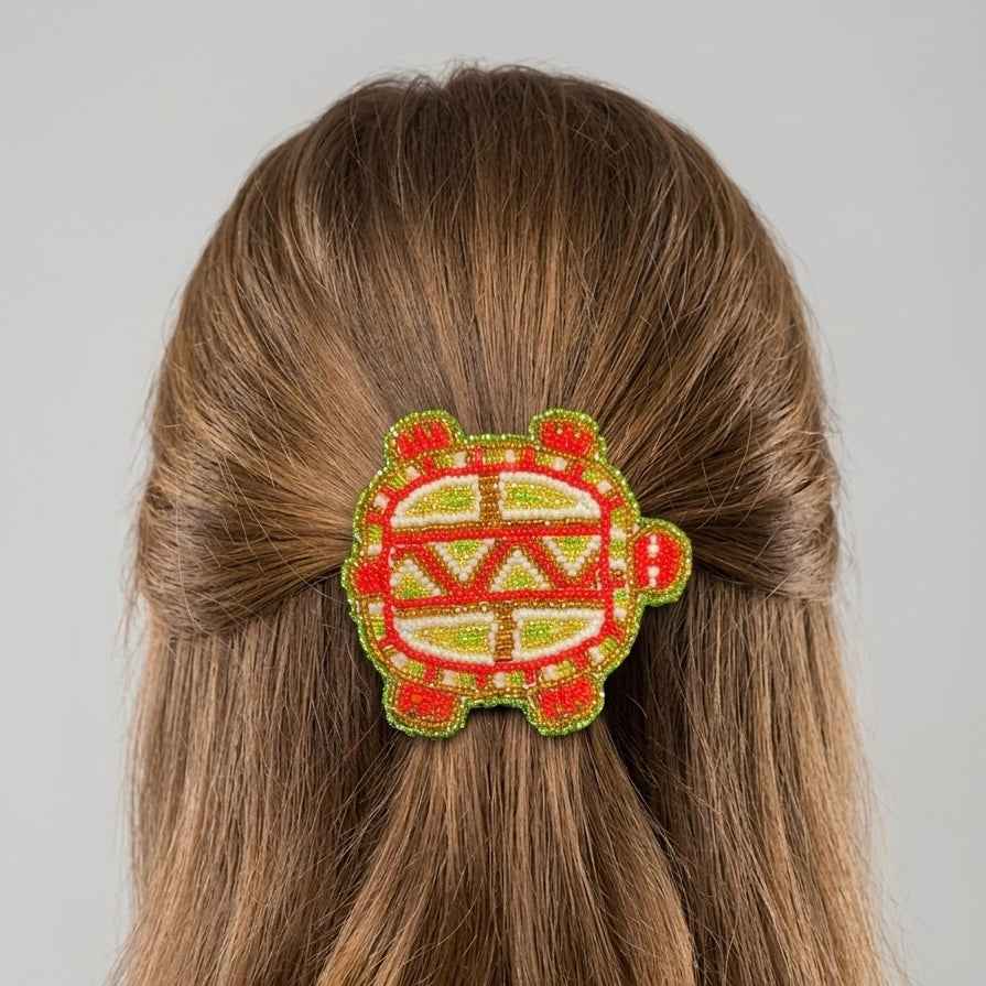 Beaded turtle Barrette Red accent