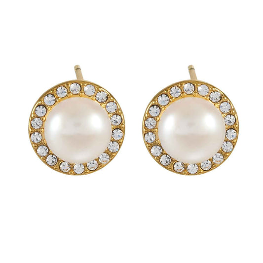 CACIA Gold: Mini Stud Earrings with Freshwater Pearl & Pavé Zirconia Border