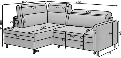 Barea 3 Seater Storage Sleeper Chaise Sofa - Mustard