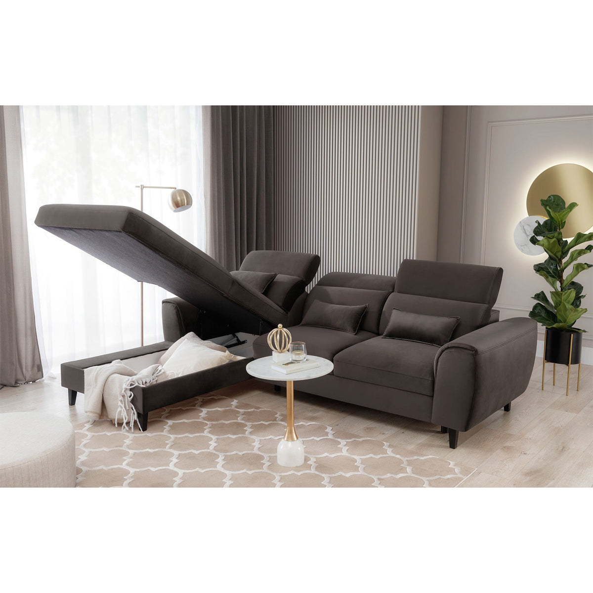 Foble Sectional Storage Sleeper Chaise Sofa - Dark Brown