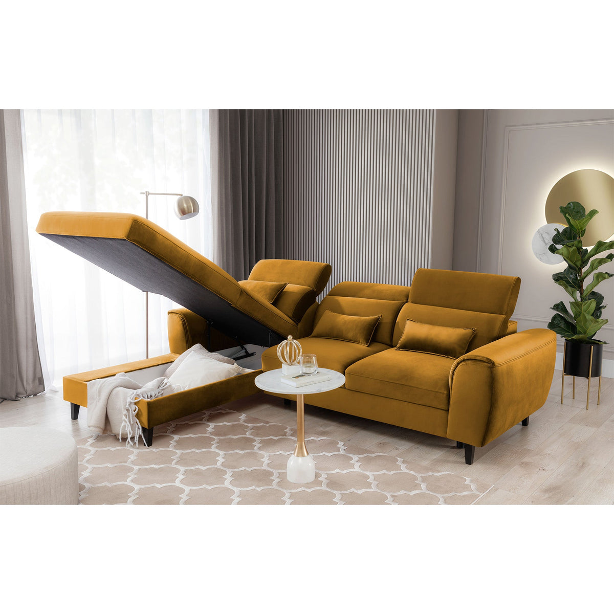 Foble Sectional Storage Sleeper Chaise Sofa - Mustard