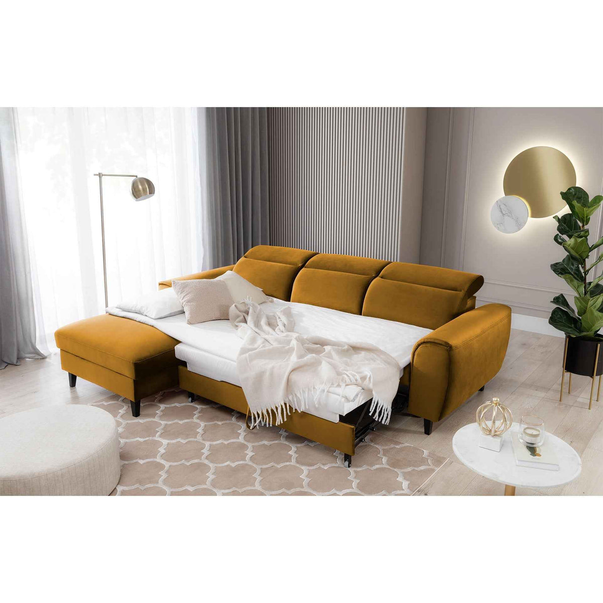 Foble Sectional Storage Sleeper Chaise Sofa - Mustard