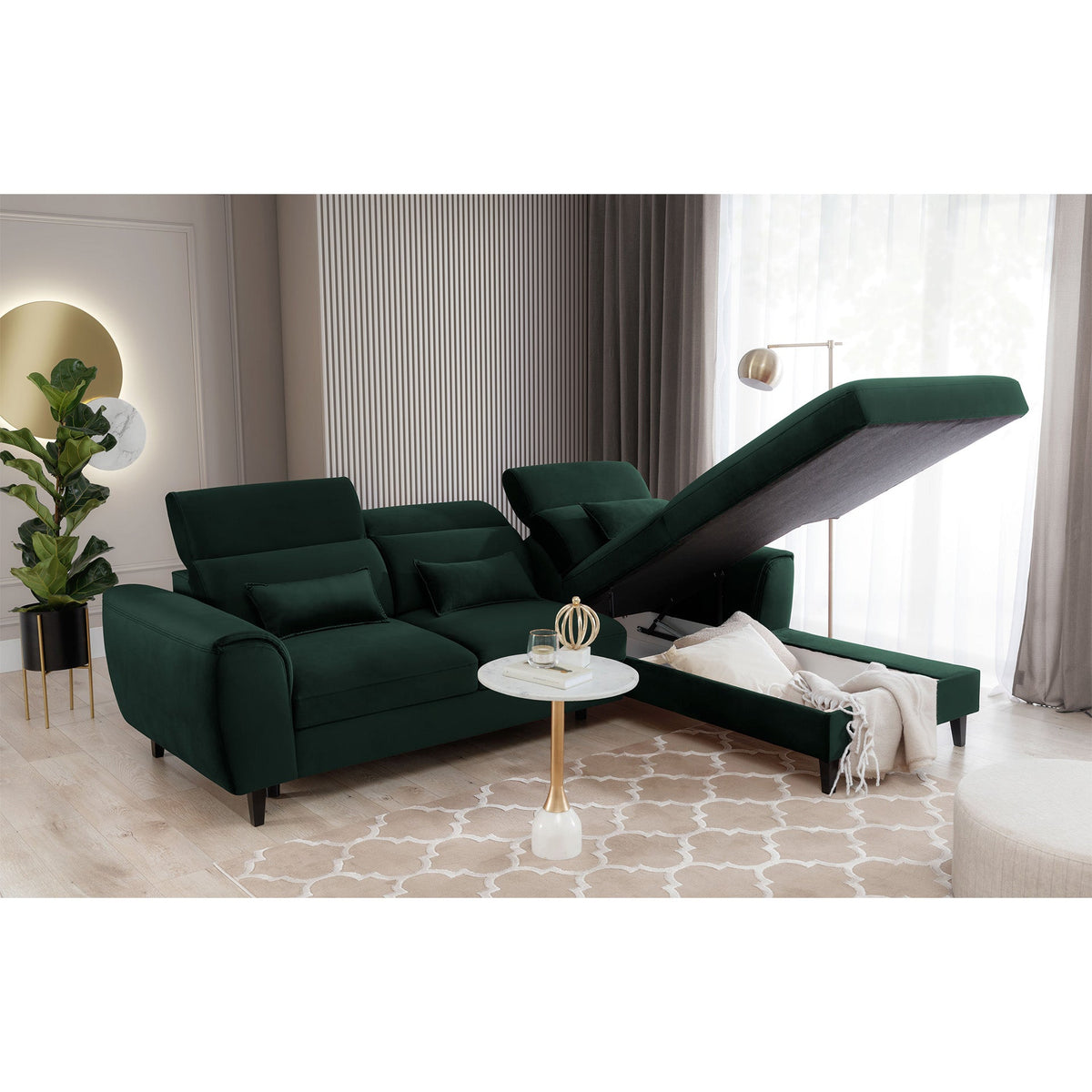 Foble Sectional Storage Sleeper Chaise Sofa - Emerald Green