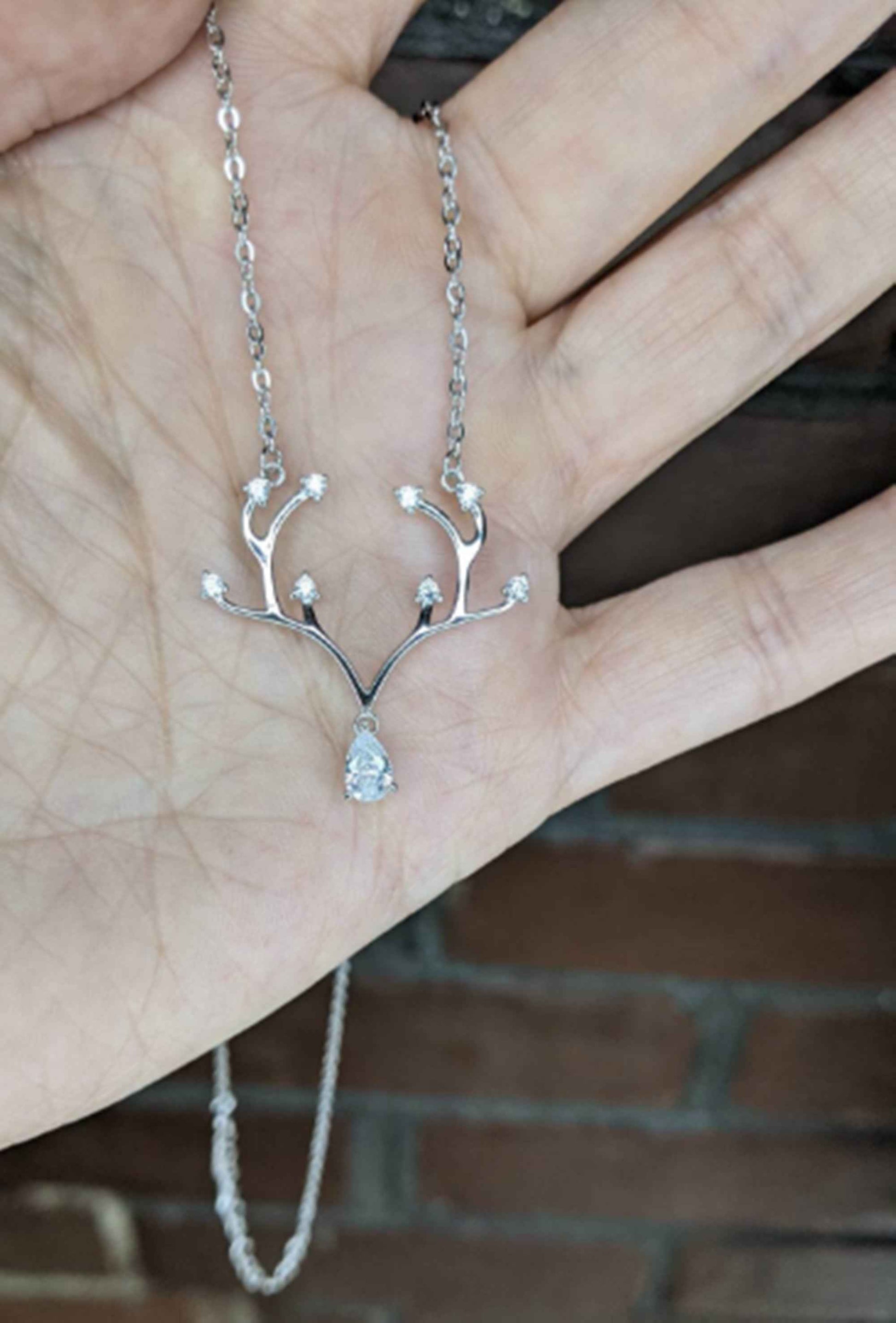 Antler Rack Necklace with Cubic Zircon Pendant