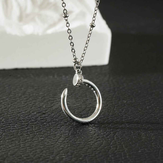 CSENGE Silver (White Gold) Necklace:  Zirconia Embedded Circular Nail Pendant on a Satellite Beaded Chain